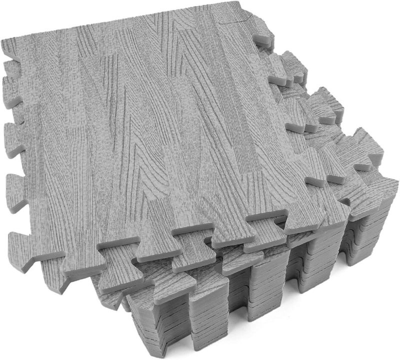 Tebery 16 Pieces Printed Wood Grain Interlocking Floor Tiles 3/8-Inch Thick EVA Foam Grey Puzzle Floor Mat - Image 1